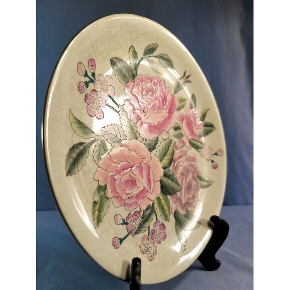 Pink Roses Plate Crackled Vintage Green Leaves Enameled 10.25''D Decorative - Picture 2 of 7